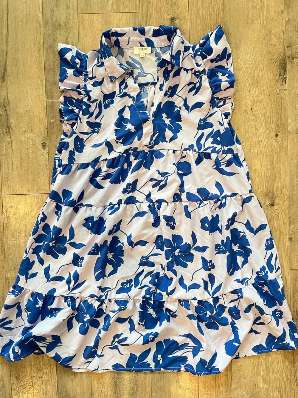 Umgee USA Women's Blue and Lavender Floral Print Tiered Ruffle Sleeve Mini Dress
